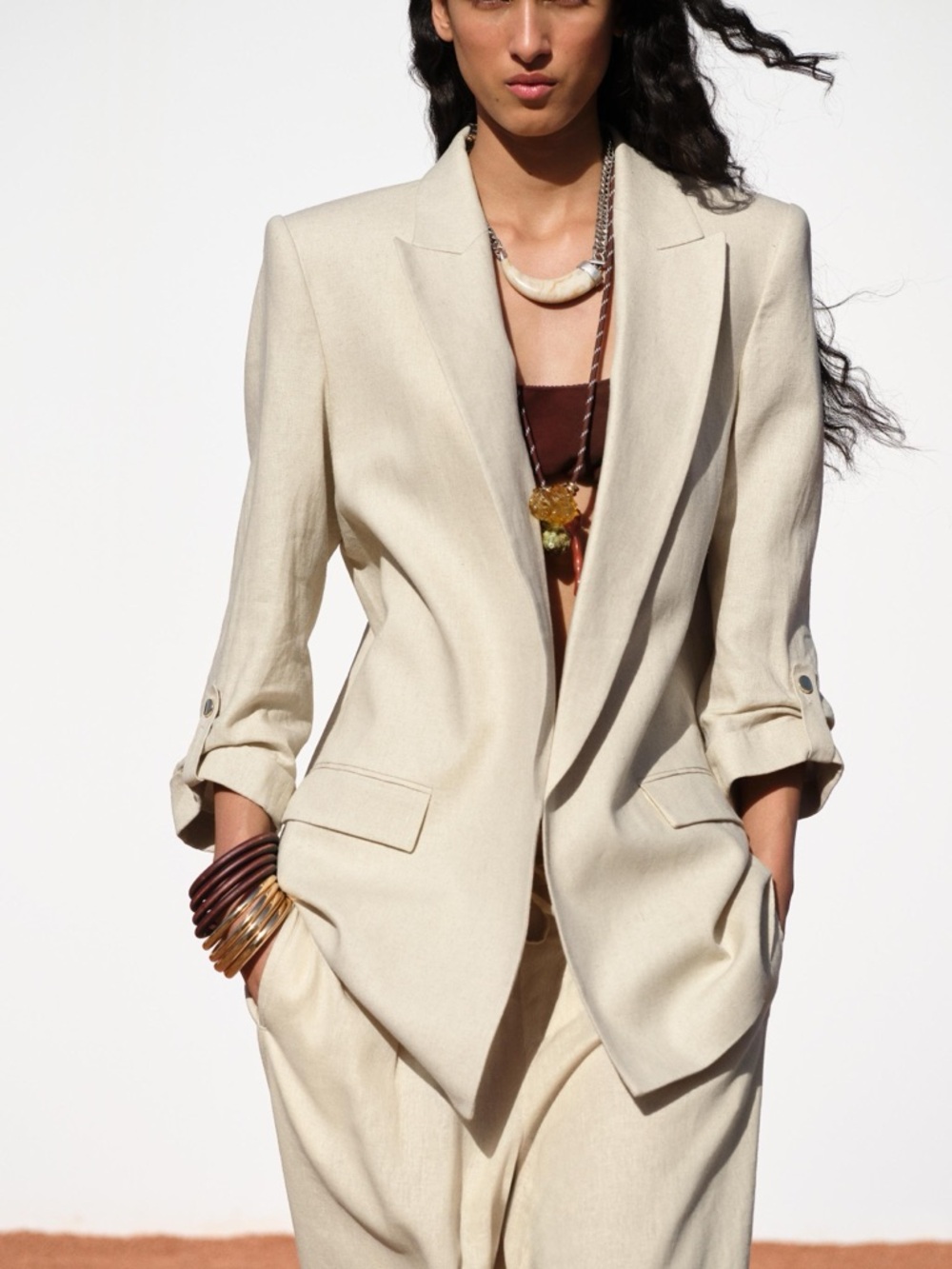 Zara Women Linen Blend Blazer Beige 3/4 Sleeve Open Front NEW SZ S